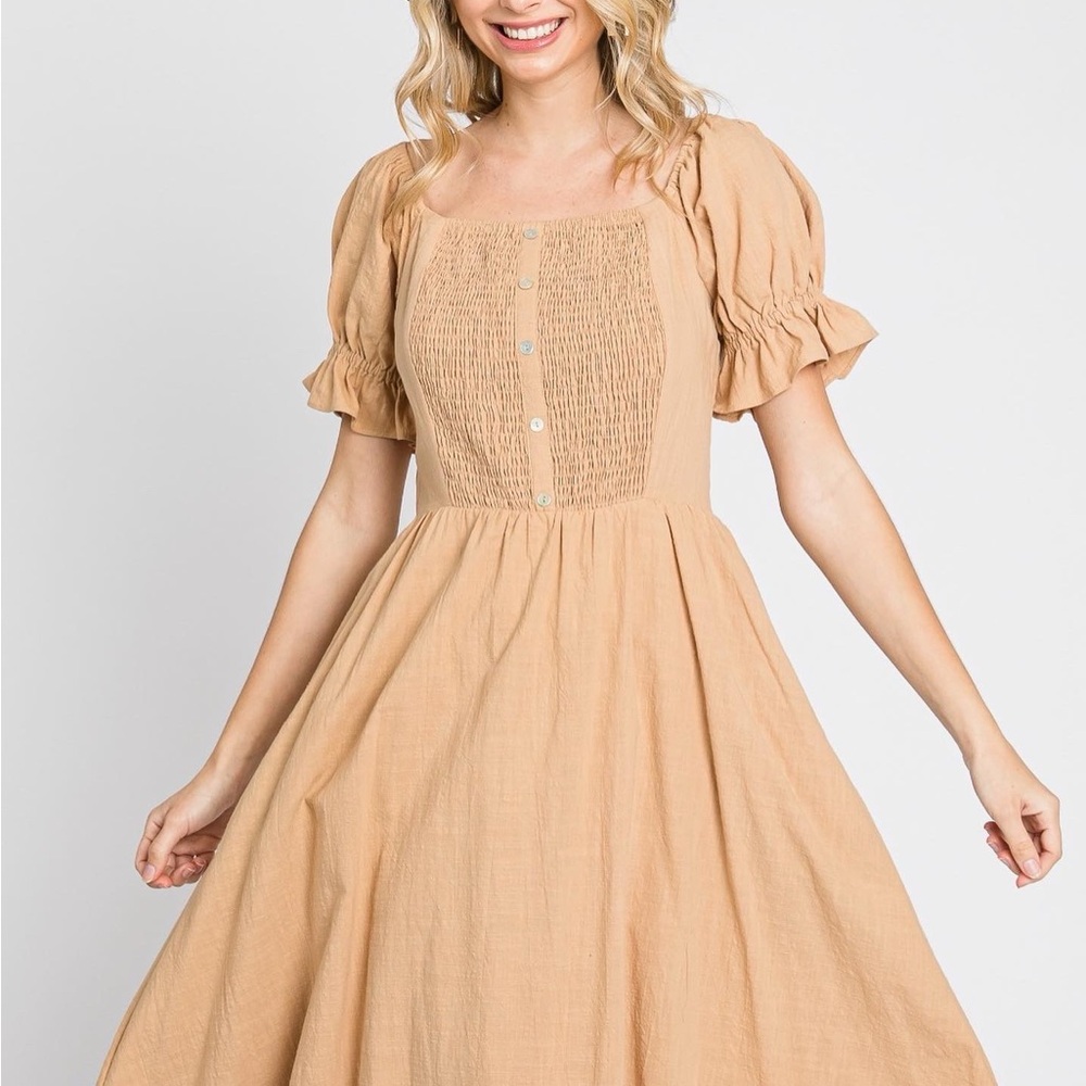 Cotton Elegant Tan Puff Sleeve Dress
